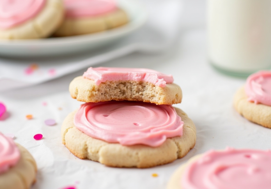 gluten-free Crumbl cookies stacked on a rustic table