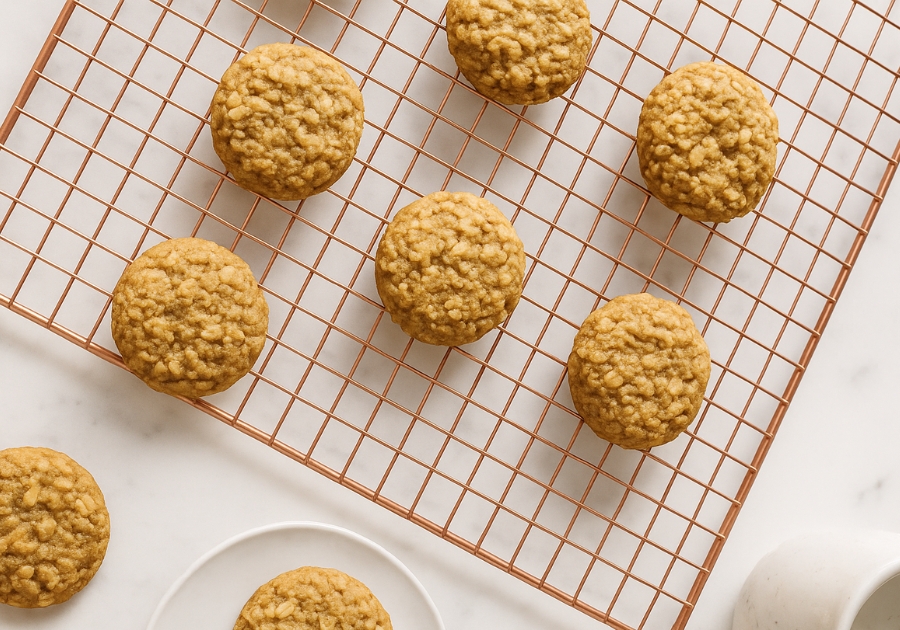 Close-up of chewy healthy oatmeal cookie with oats and milk