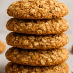 Stack of chewy healthy oatmeal cookies with oats and raisins