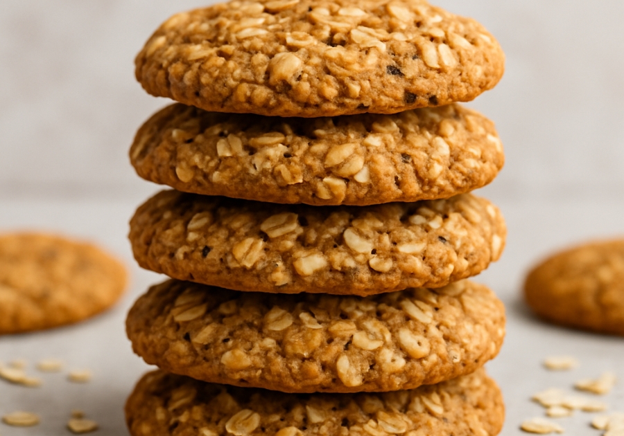 Stack of chewy healthy oatmeal cookies with oats and raisins
