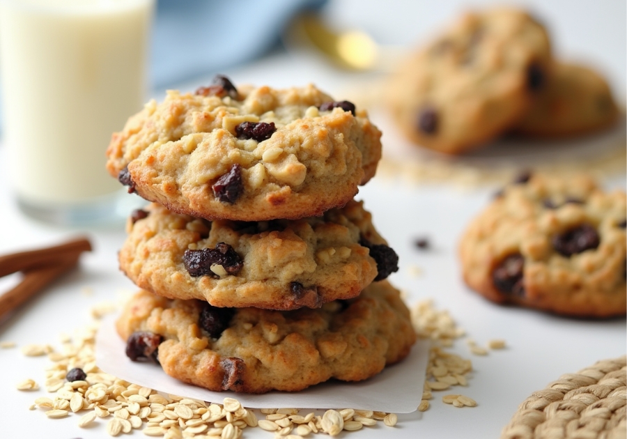 protein oatmeal cookies on a wooden tray