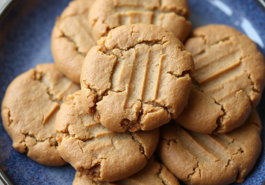 Stack of freshly baked vegan peanut butter cookies on a white plate