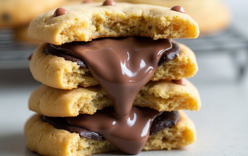 Chocolate stuffed cookie close-up with melting center