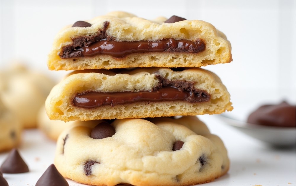 Nutella being stuffed cookies dough on a tray